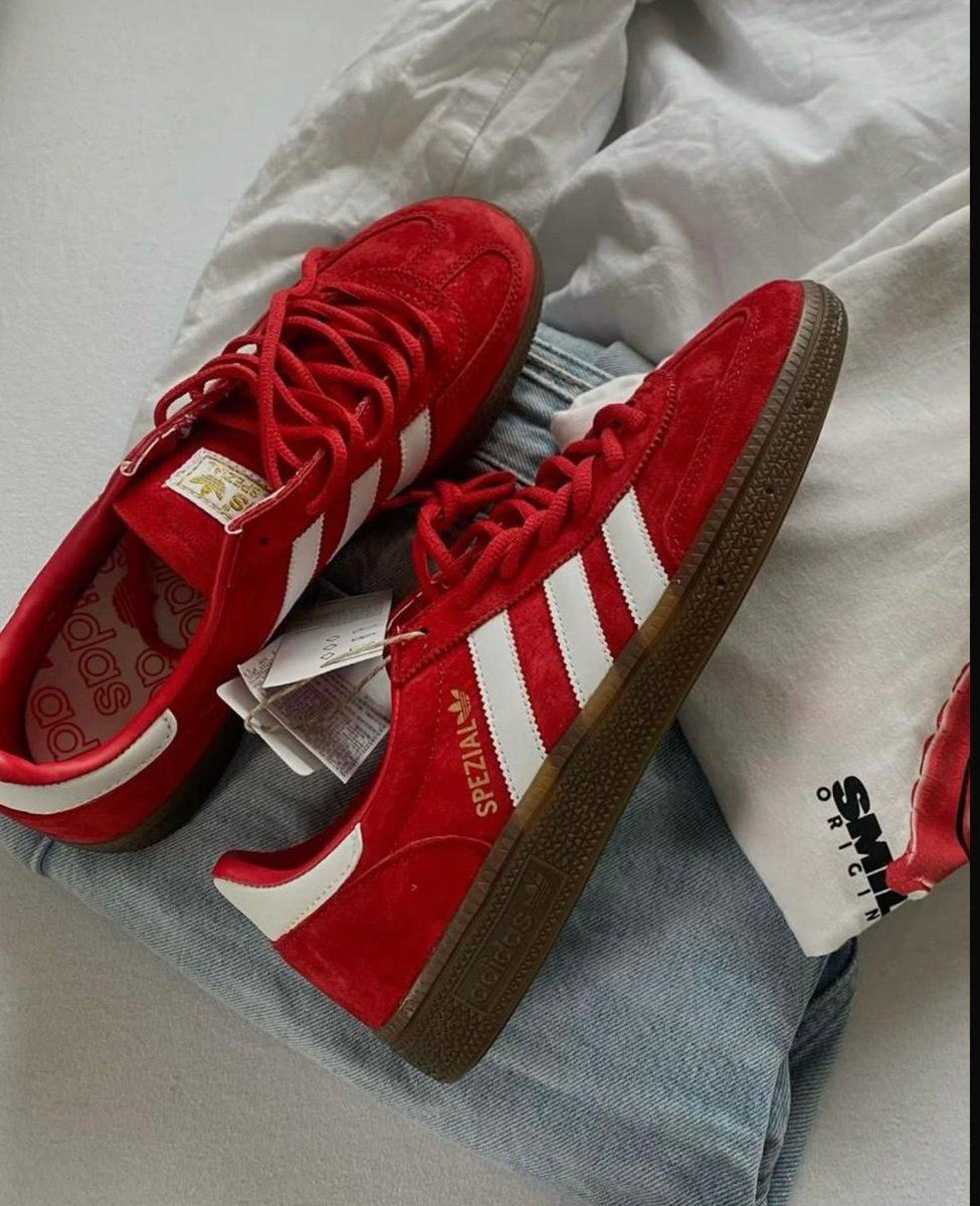 i1 Adidas Spezial Sneakers Red Suede Uppers with White Leather Stripes - Image 1